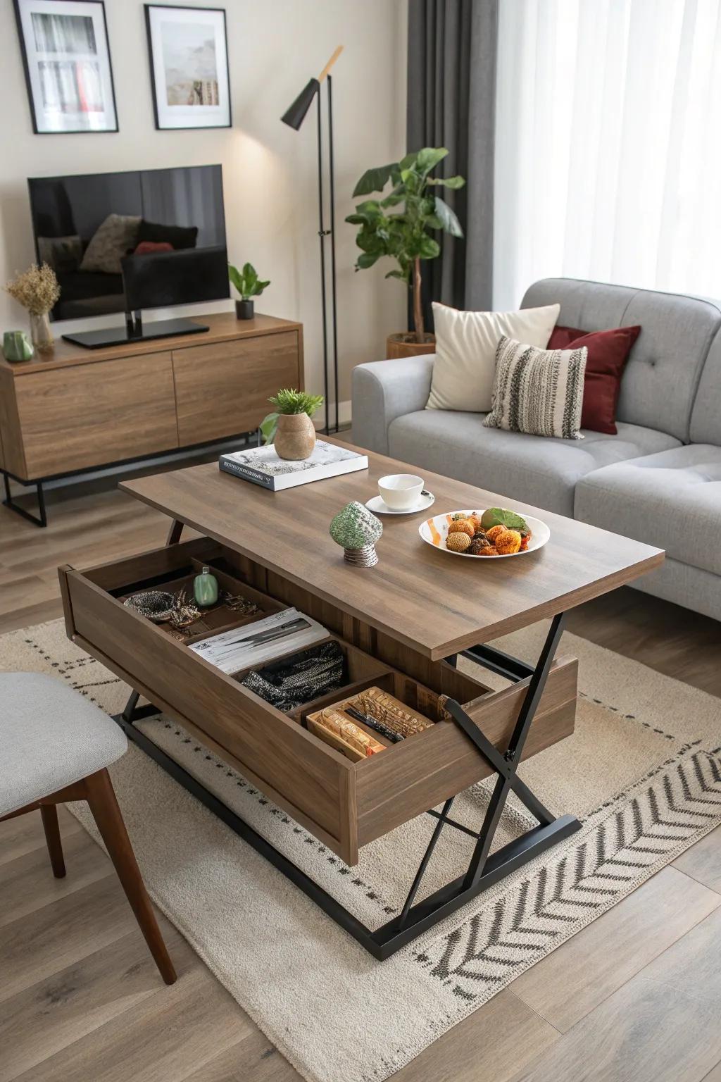 Convertible coffee tables provide adaptable eating options.