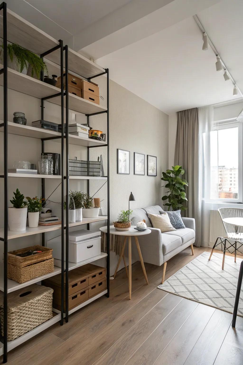 Vertical storage maximizes space in a studio apartment.