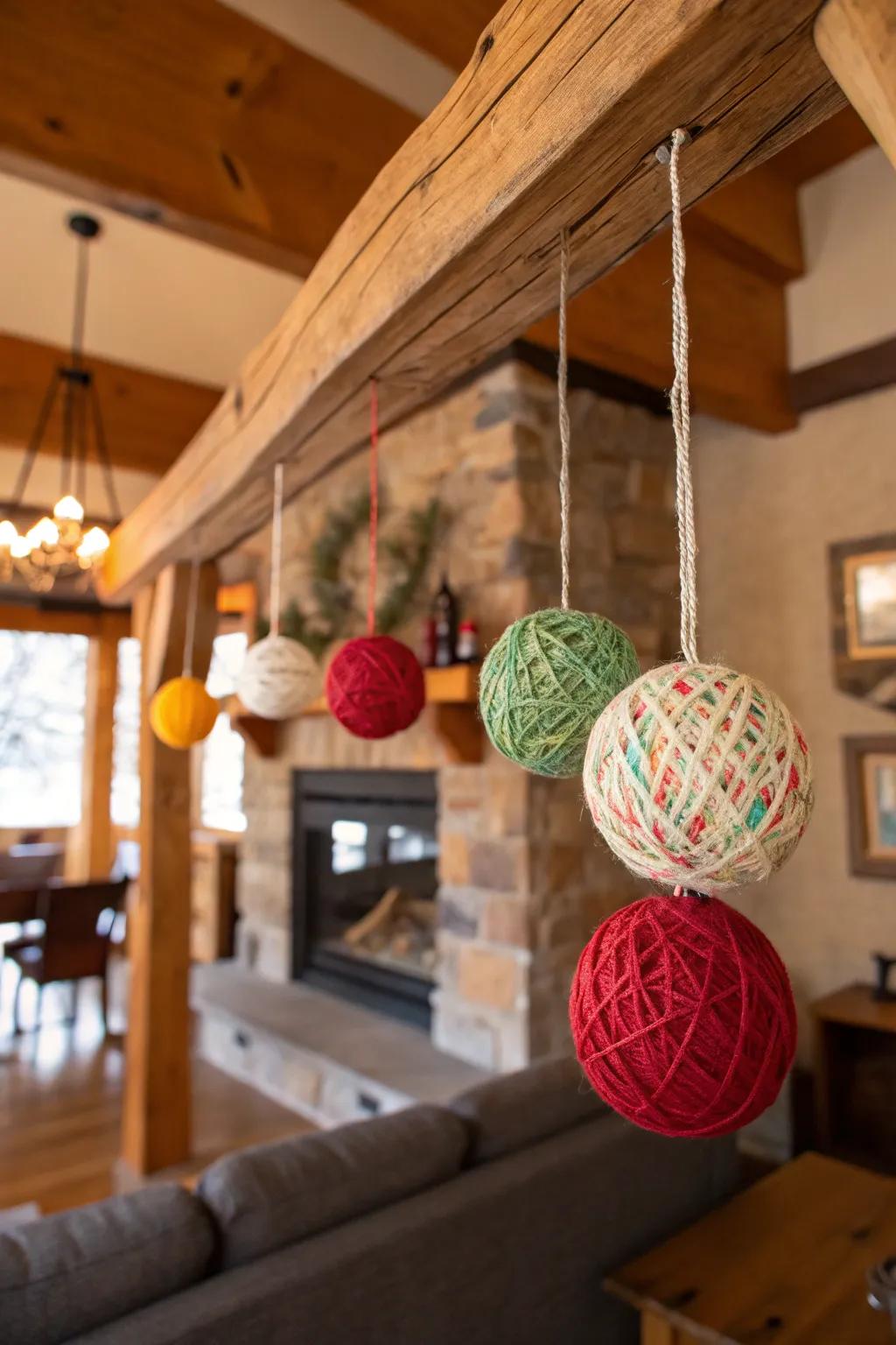 String-wrapped ornaments bring a cozy texture.