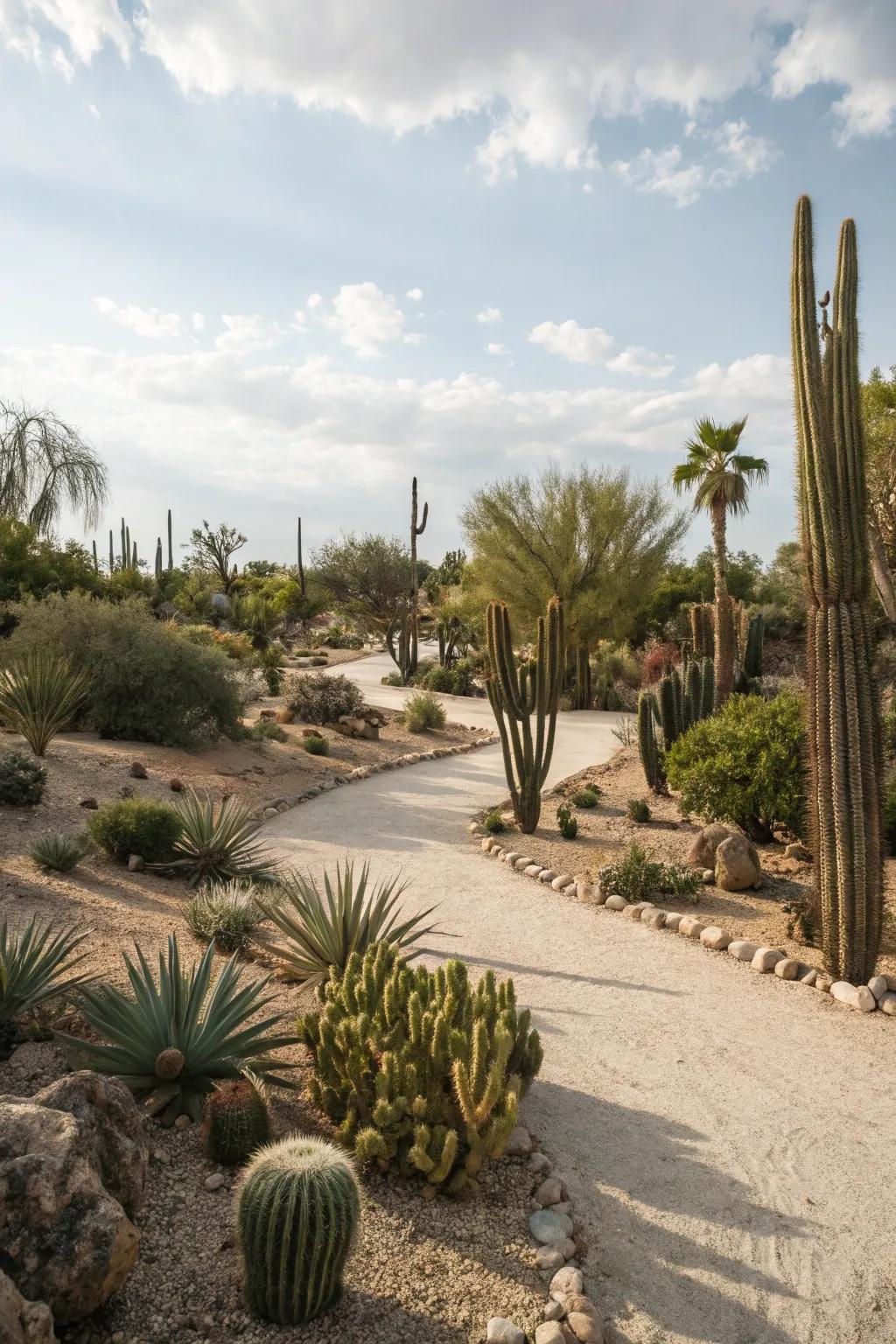 A desert-inspired garden with sand, gravel, and cacti crafting an amazing panorama.