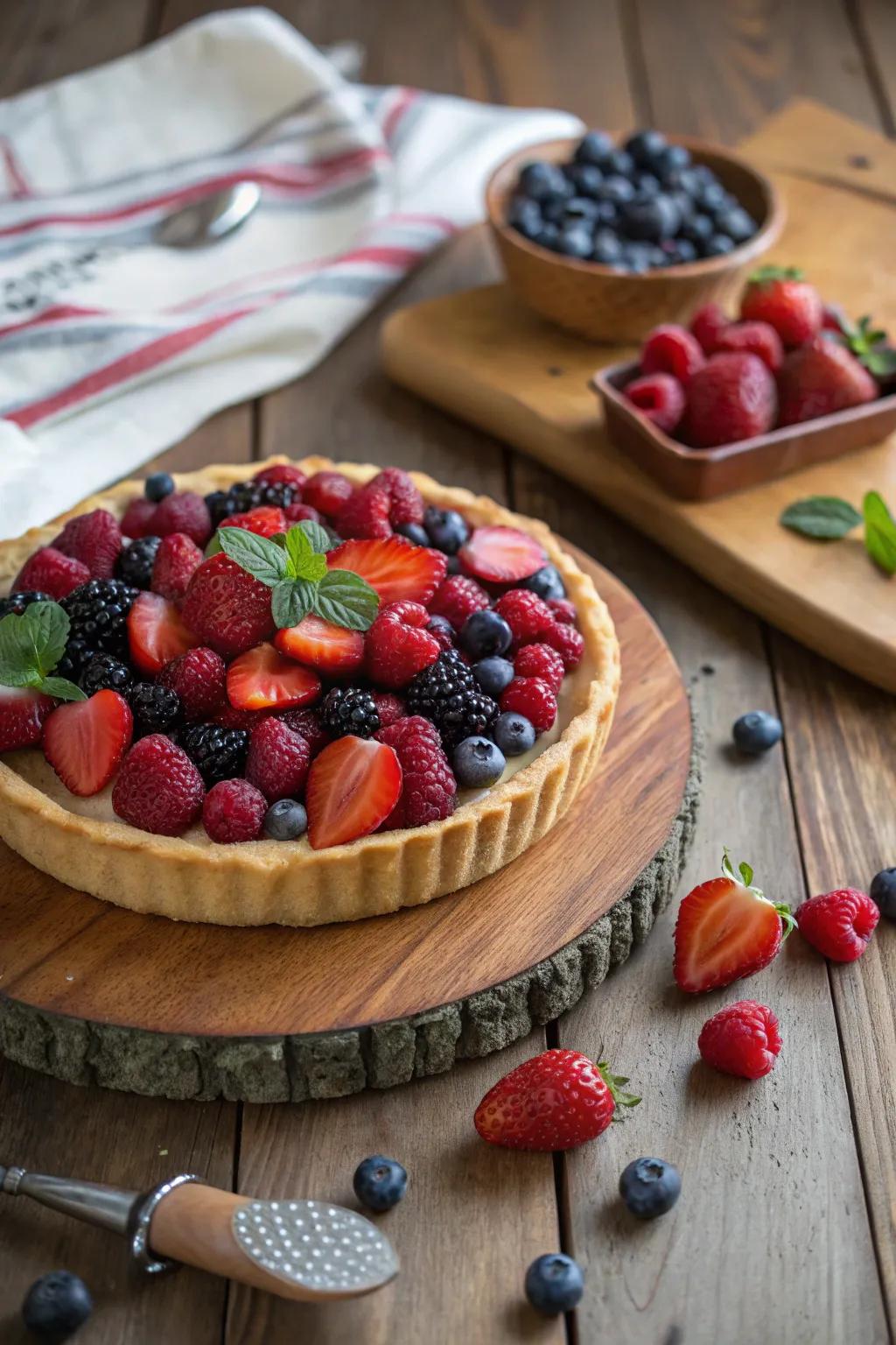 A berry-filled tart decorated with vibrant summer berries.