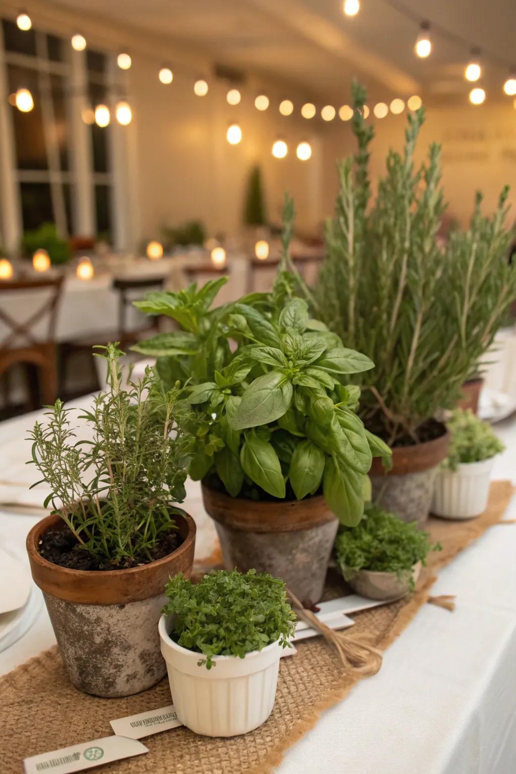 Fresh herb centerpieces adding a fragrant touch to the table.