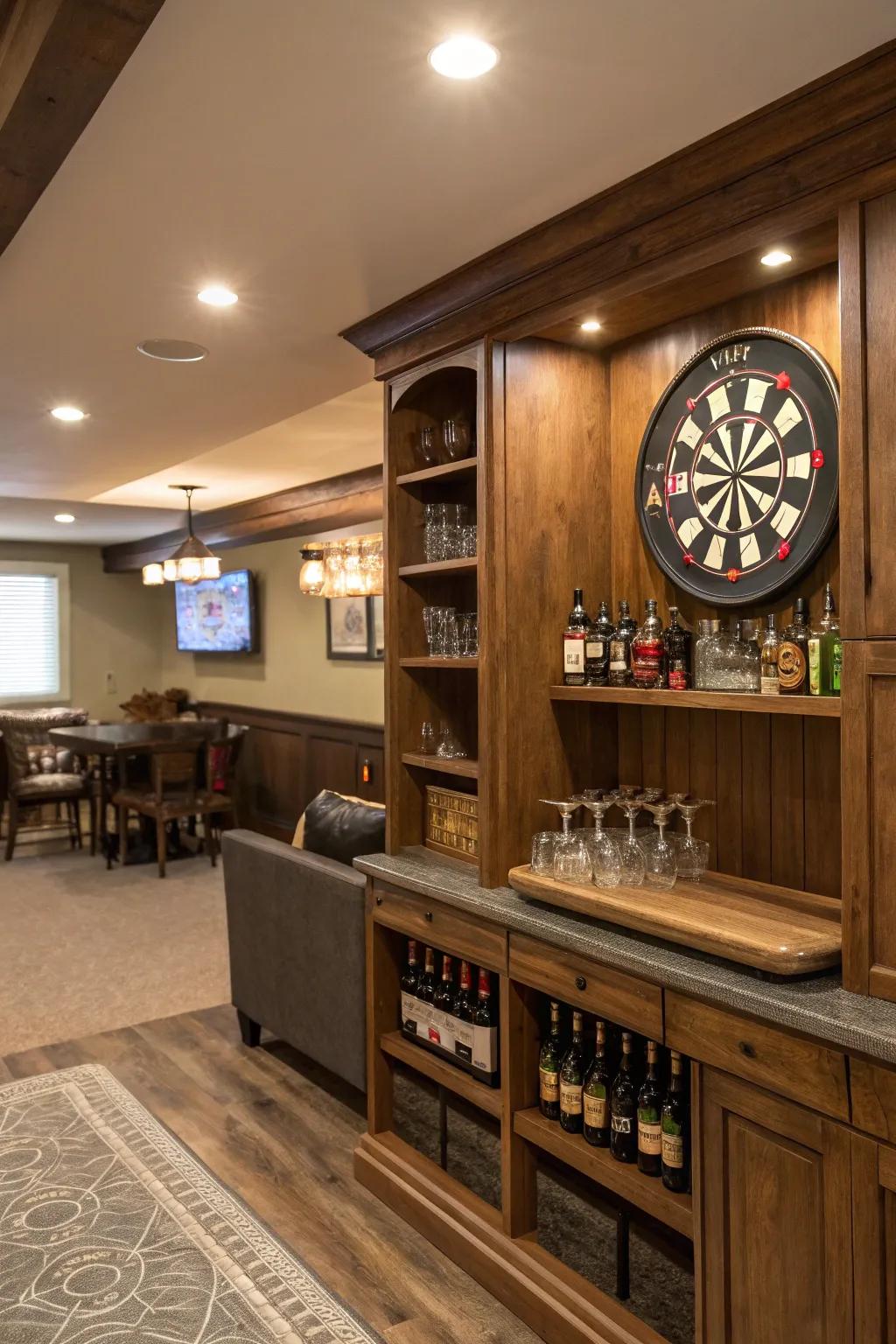 A bullseye board introduces an element of fun to this home bar layout.