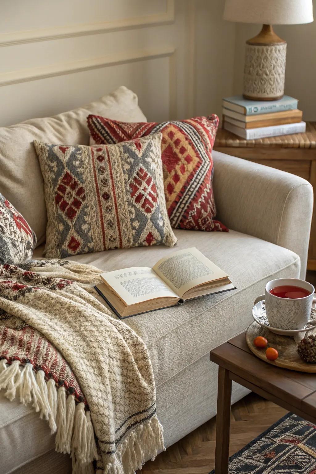 A mix of textures and patterns creates a visually interesting space.