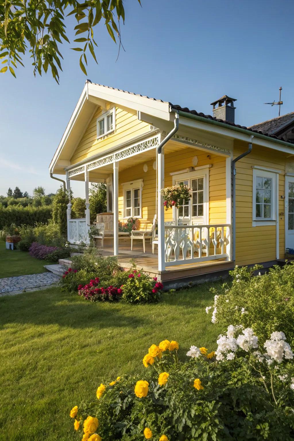 A summer house in bright yellow, giving off warmth and happiness.