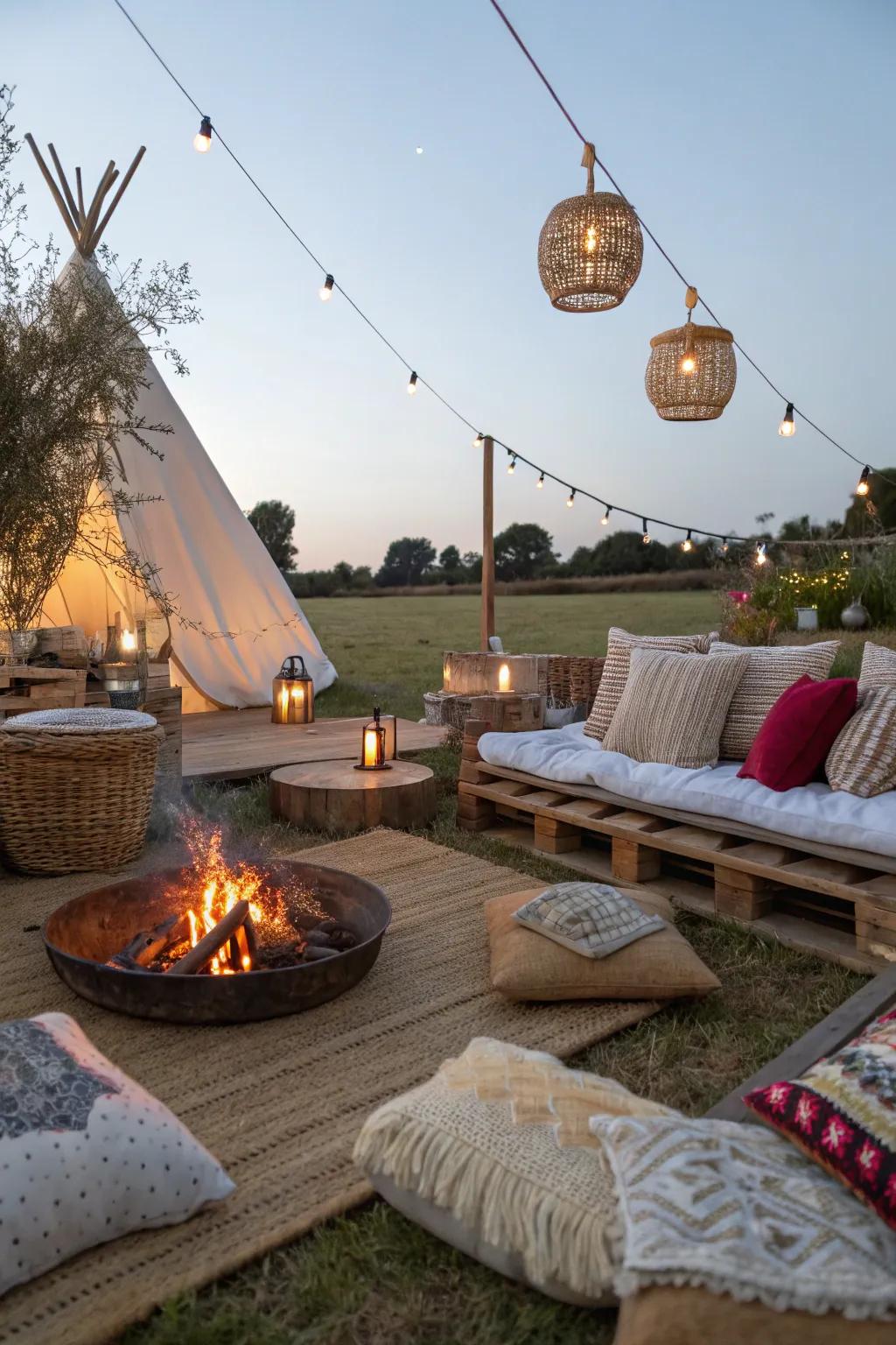 A snug free-spirited fire gathering featuring warm, inviting decorations.