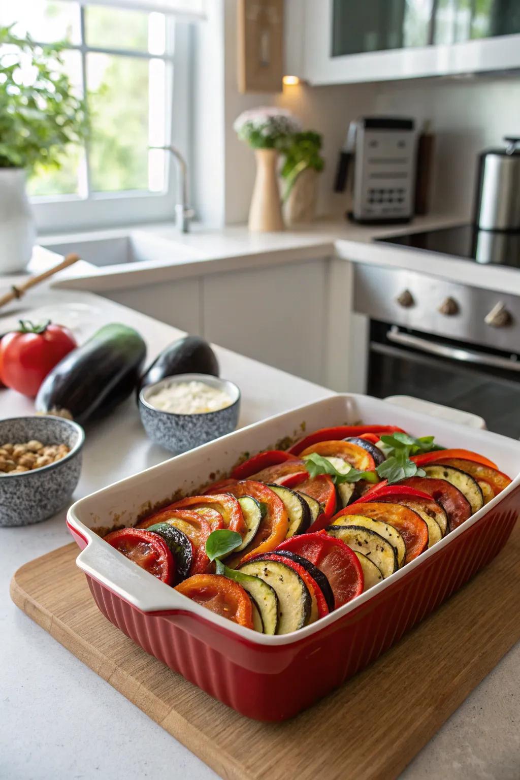 Vegetarian ratatouille bake, a vibrant celebration of garden-fresh produce.