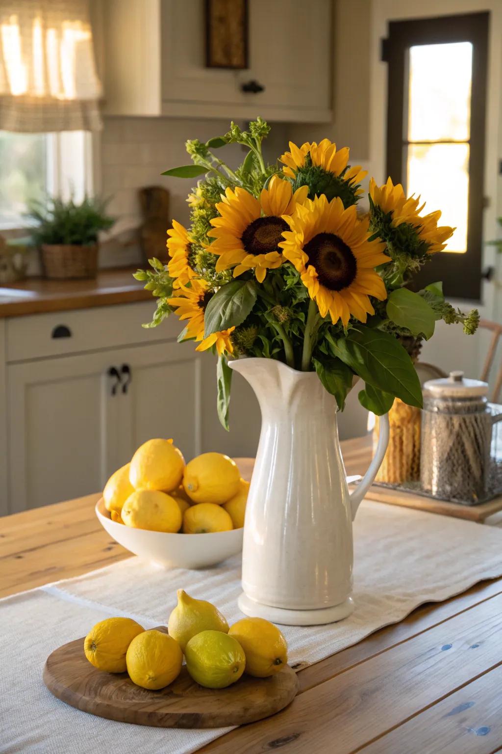 Freshen up your decor with sunflowers and citrus fruits.