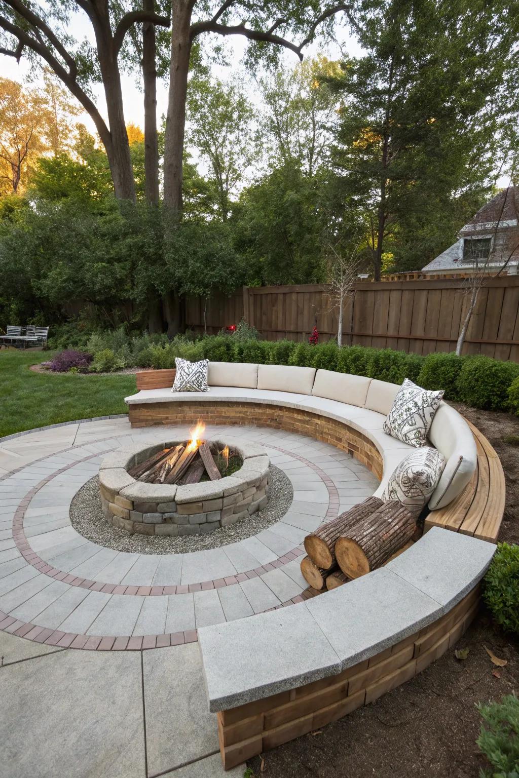 A circular recessed fire pit that invites conversation.
