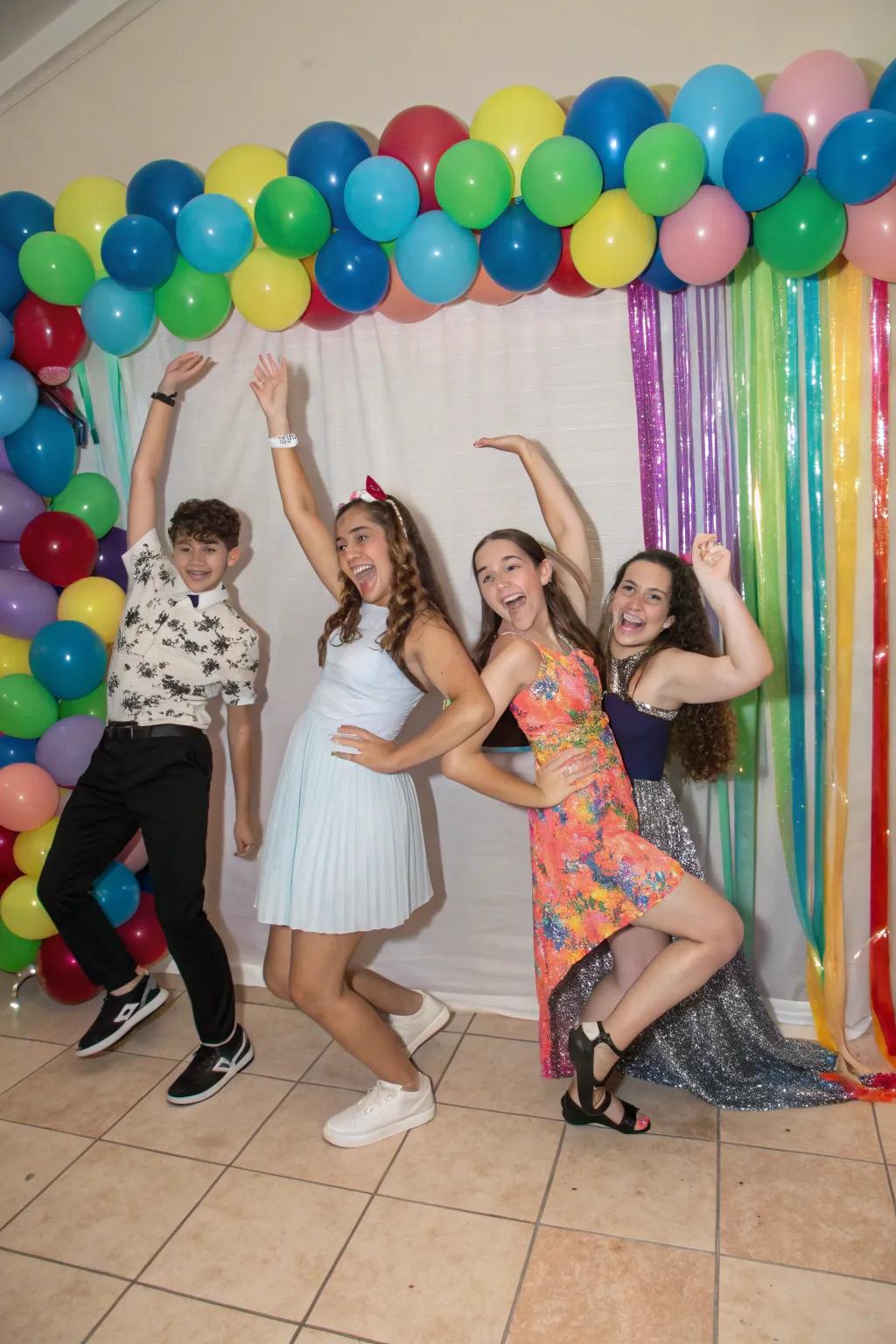 Youths striking imaginative stances at a sweet sixteen celebration.