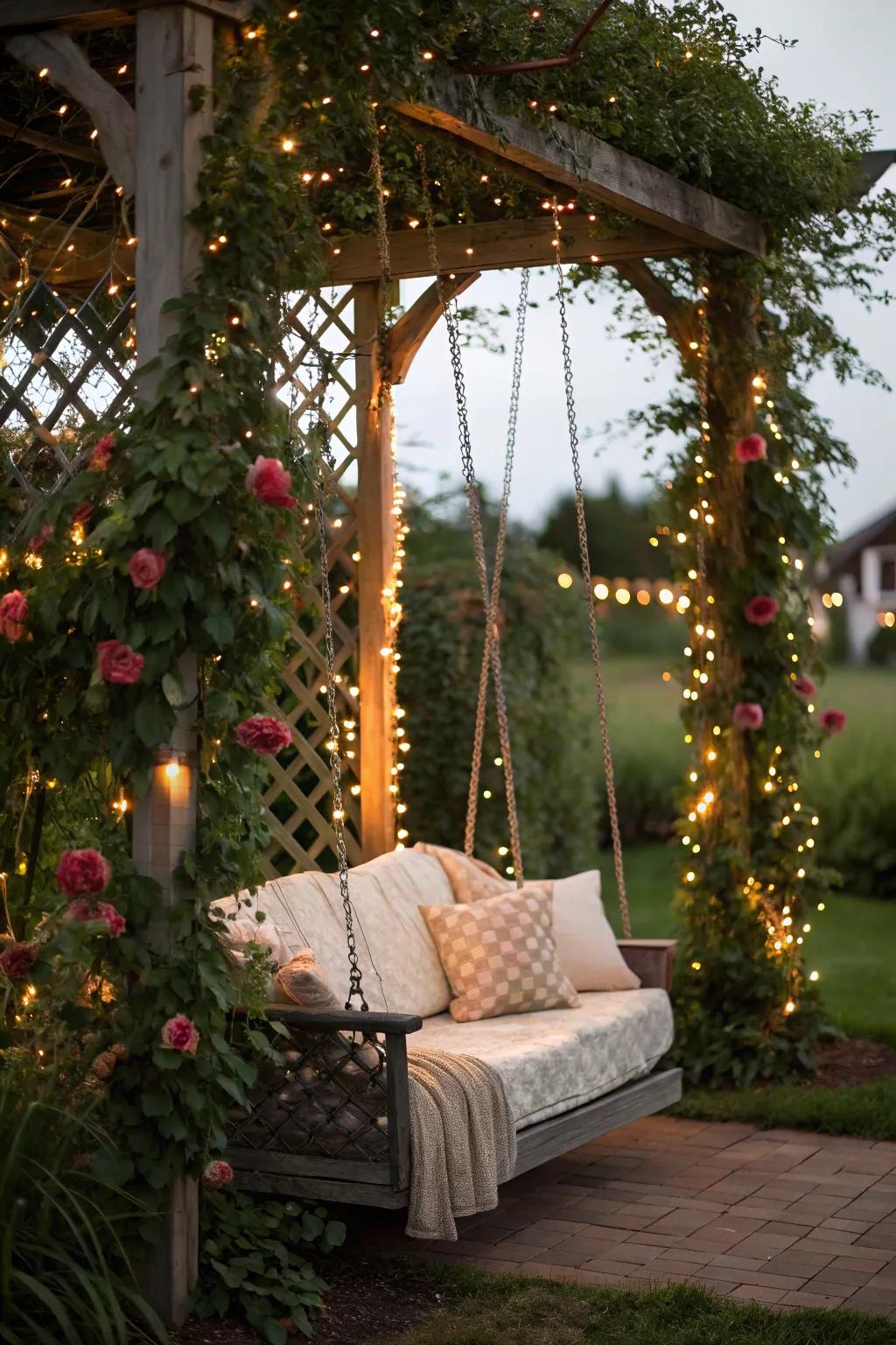 A pergola swing sparkles under the glow of fairy lights.