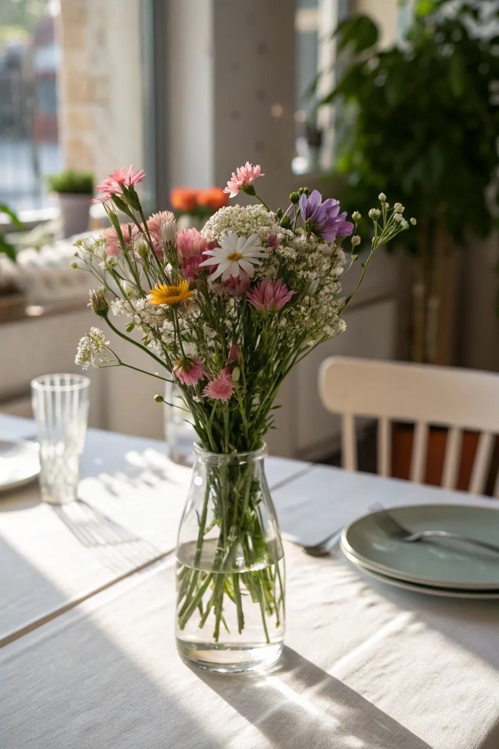 A minimalist centerpiece accentuated by a subtle glass vase.