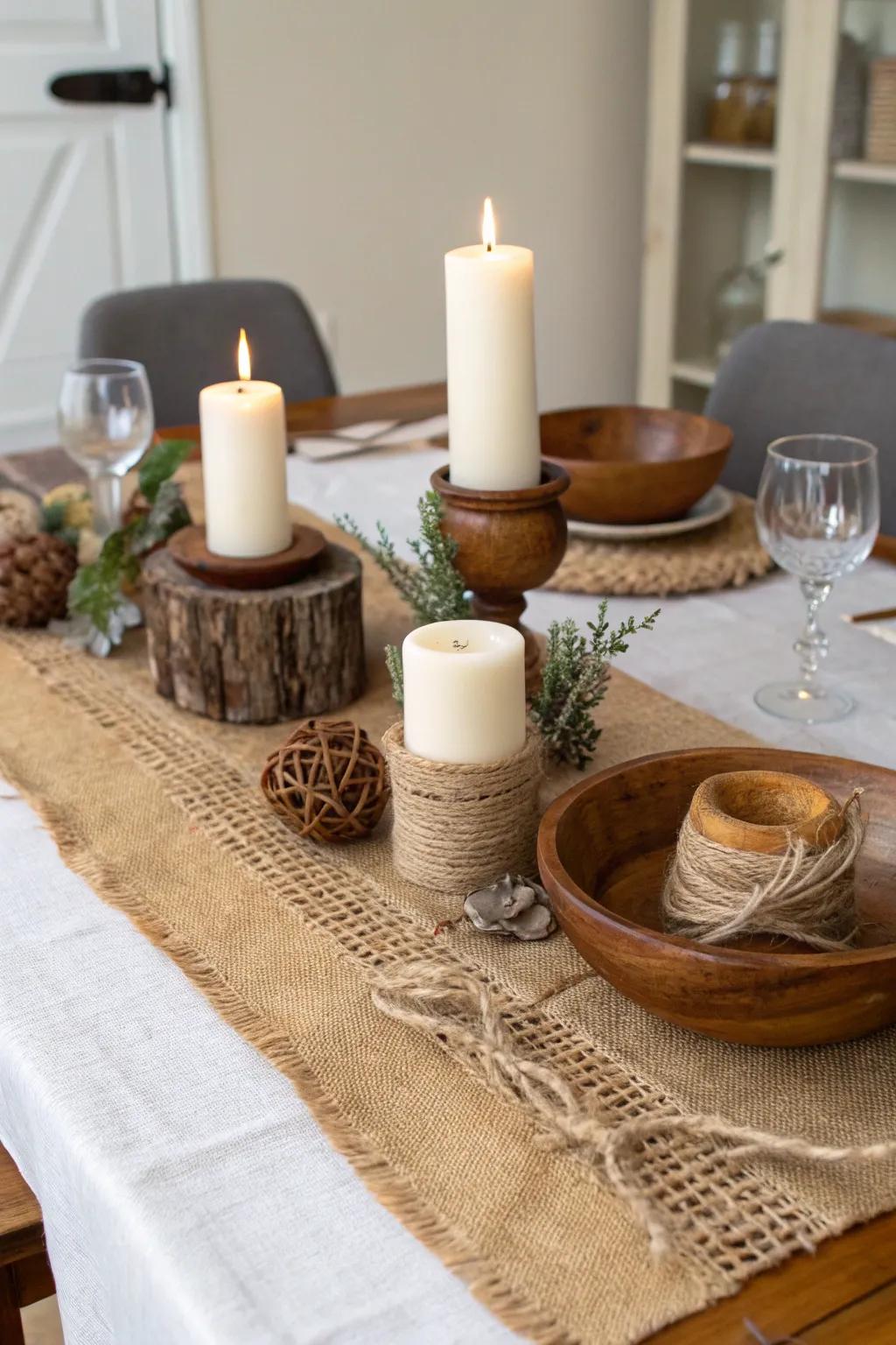 Burlap runners bring a rustic charm to any table.