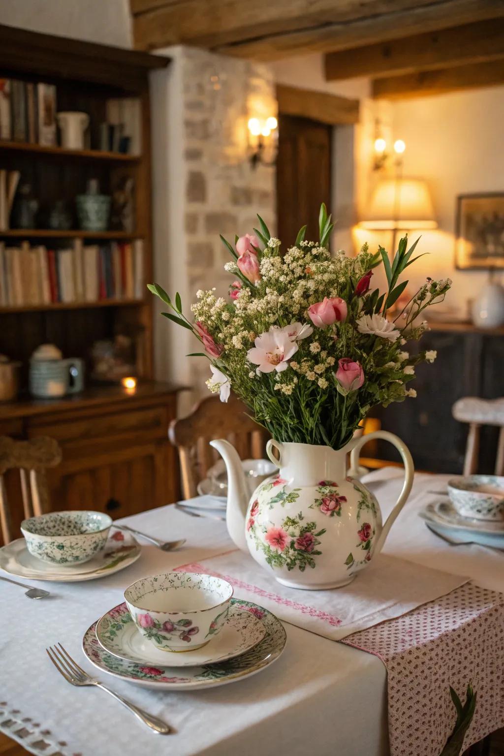 A floral display in a past times beverage pot, adding a whimsical touch to the table.