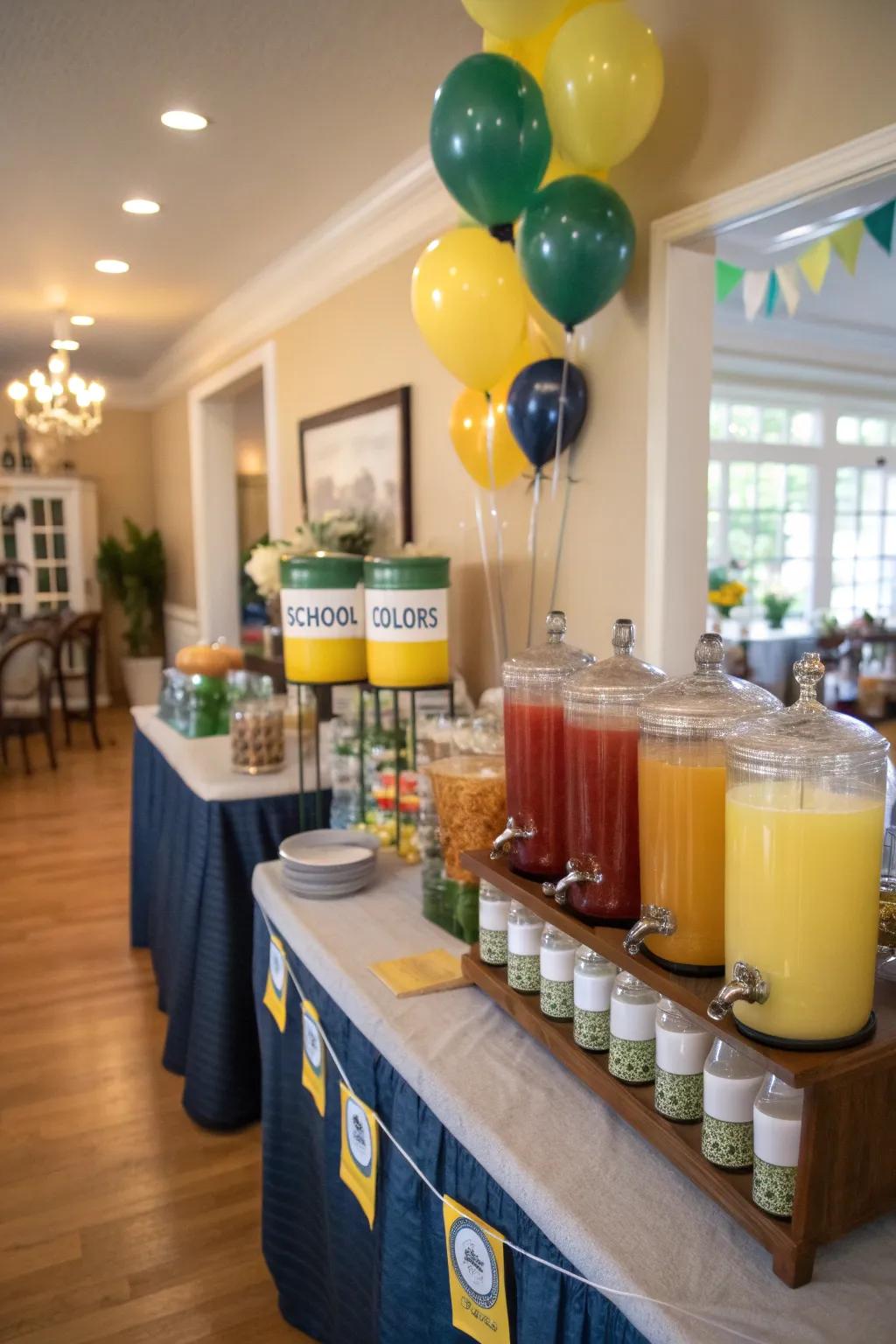 A themed beverage station in school colors ensures guests stay refreshed and entertained.
