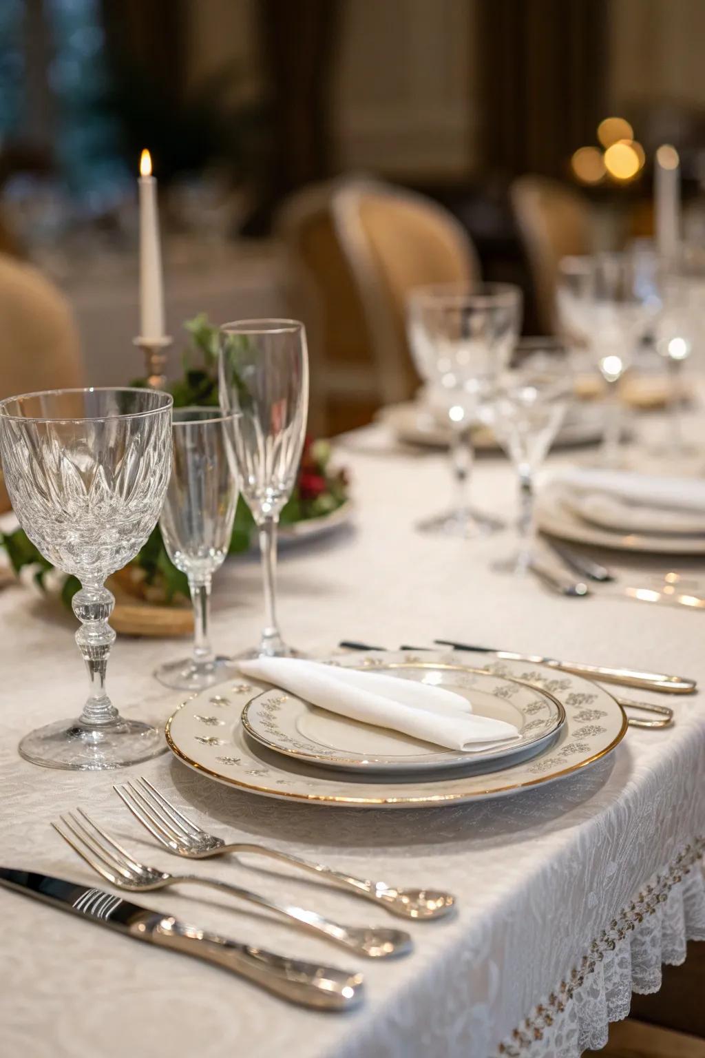 Elegant drinkware and flatware introduce luxury to the table design.