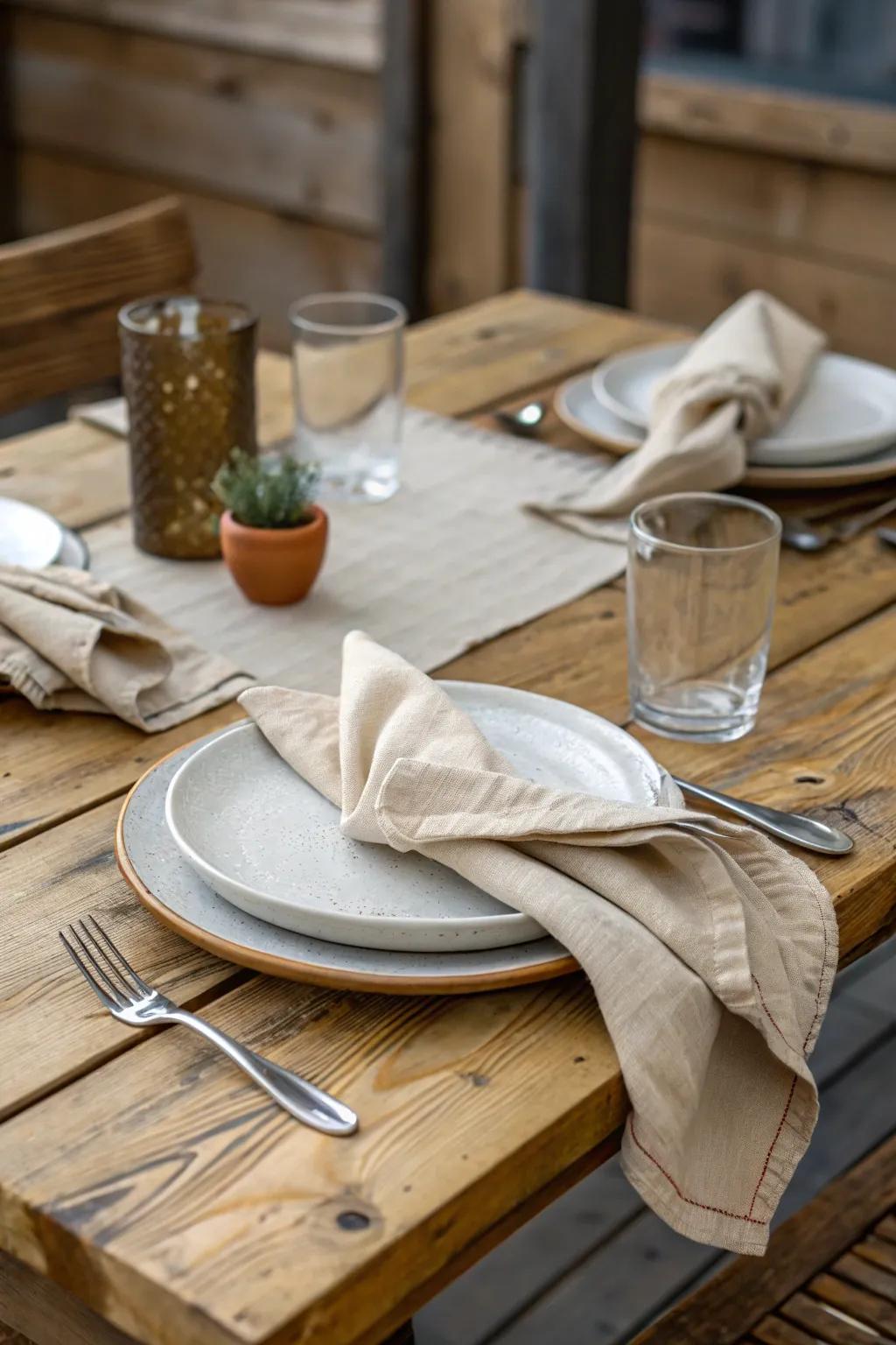 A casual chic presentation with loosely arranged napkins.