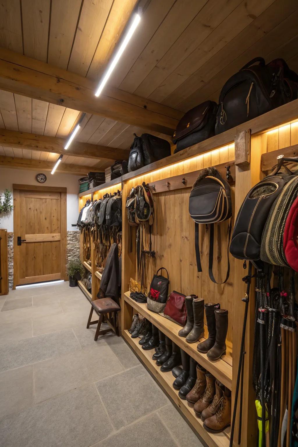 A well-lit tack room combining natural light and LED illumination.
