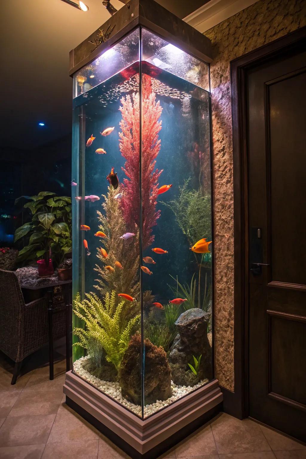 A brilliantly lit high aquarium showcasing lively marine life.