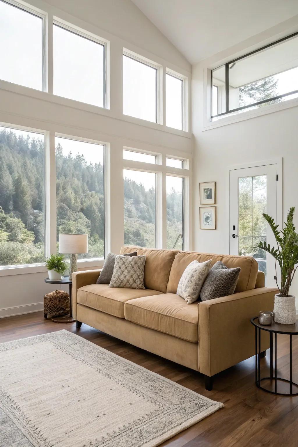 An open arrangement with a sand-toned sofa encourages relaxation.