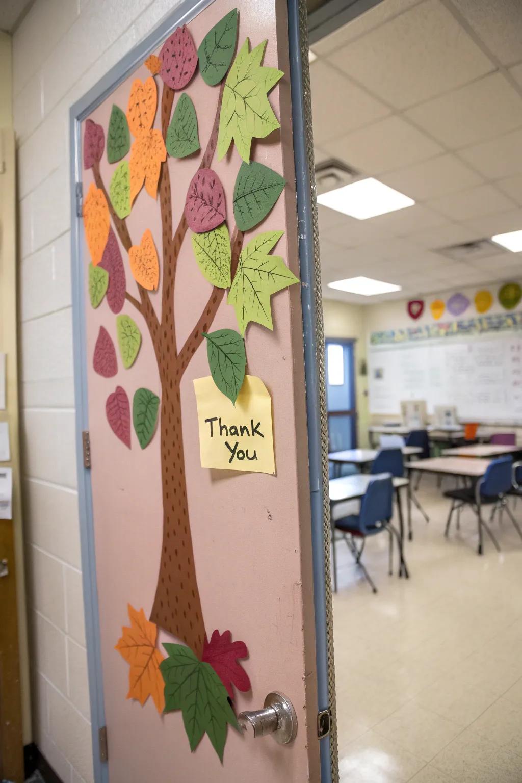 Appreciate the beauty of nature with a door styled with trees and leaves.