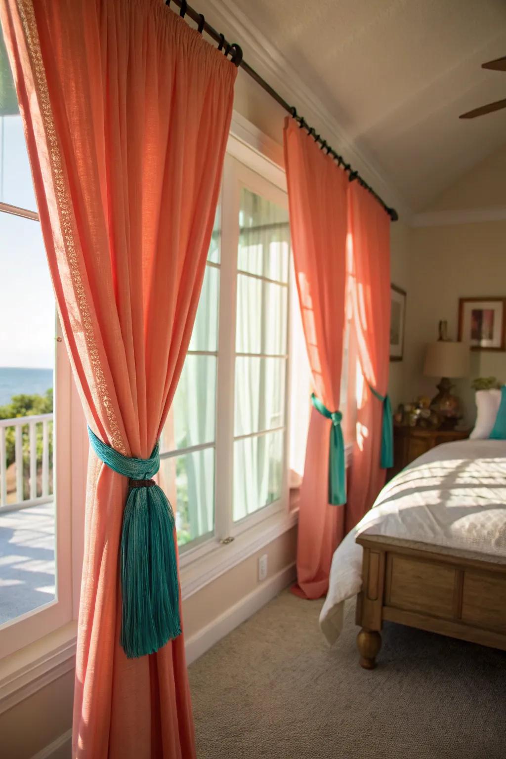 Coral window coverings and teal tiebacks creating a colorful contrast.