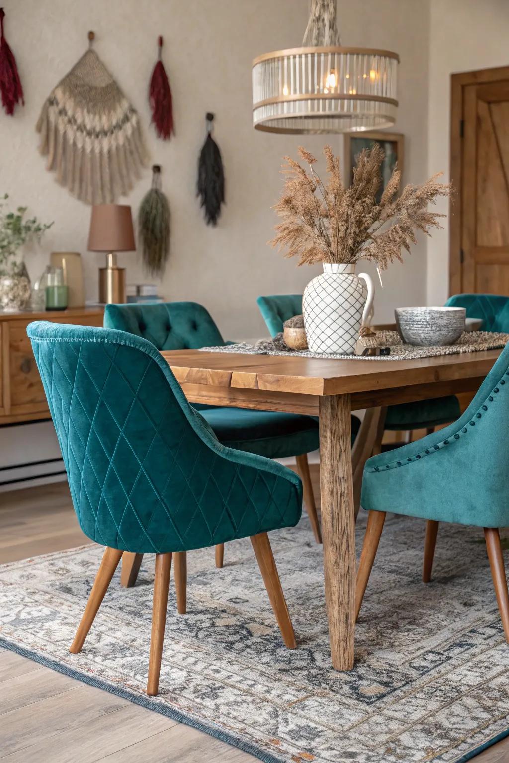 Layered textures contribute depth to the dining space