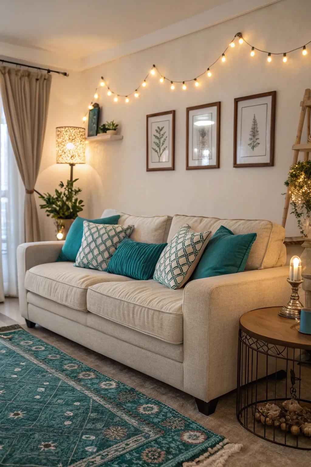 In a subtle way, teal cushions provide a burst of color and texture.