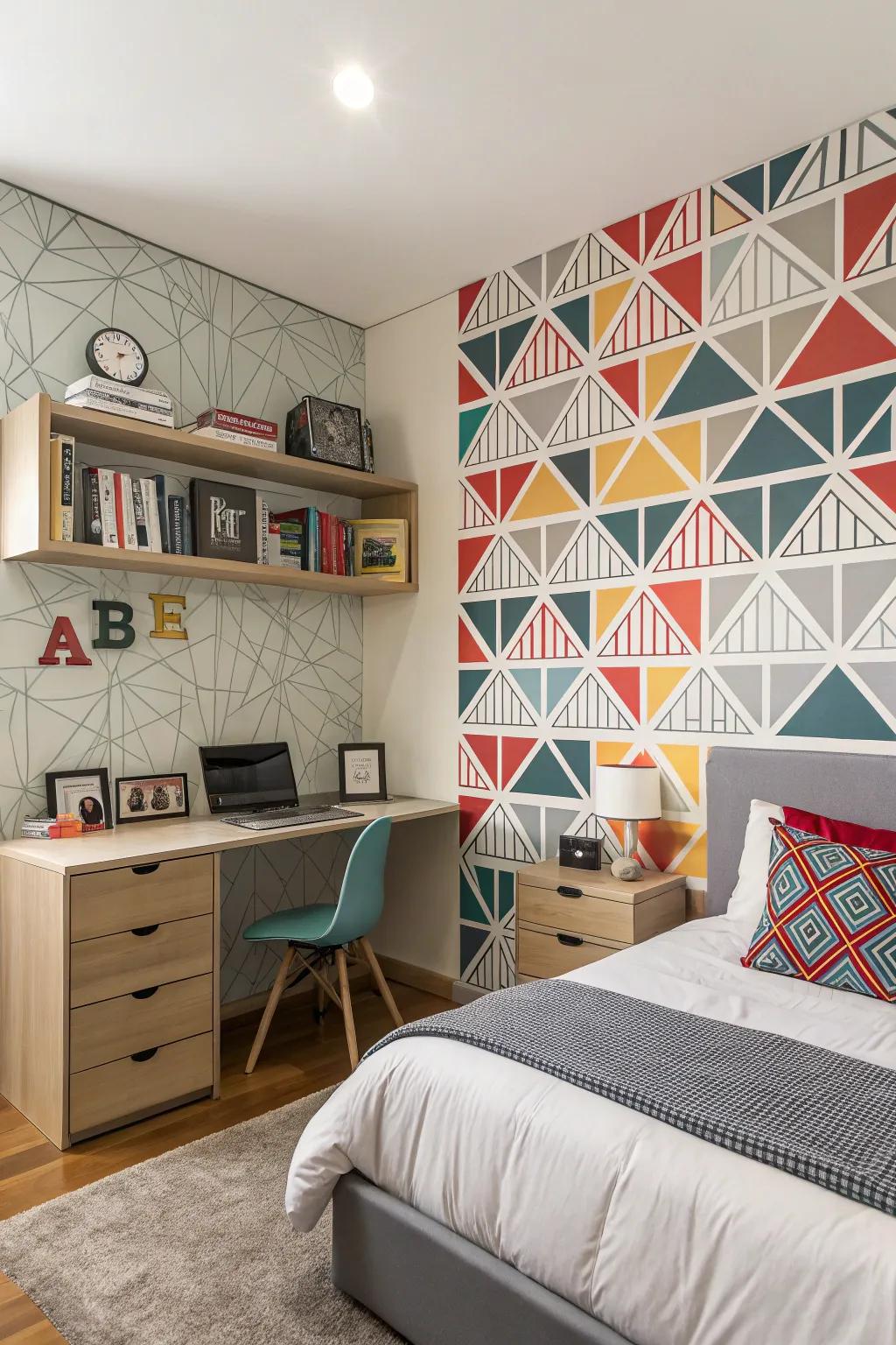 A teen boy's room showcasing eye-catching geometric paper for a contemporary vibe.