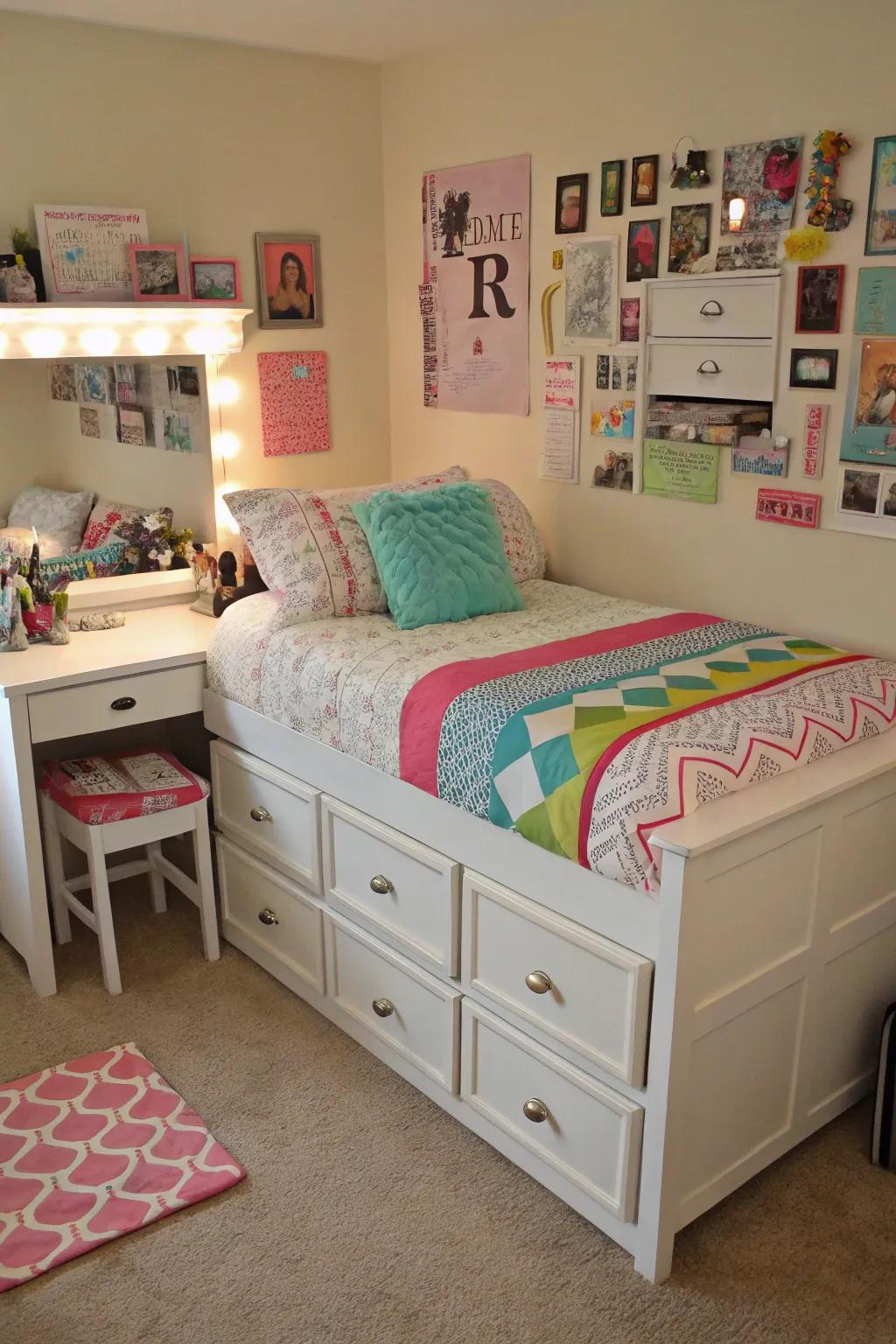 Multi-functional furniture boosts area and utility in a teen girl's room.