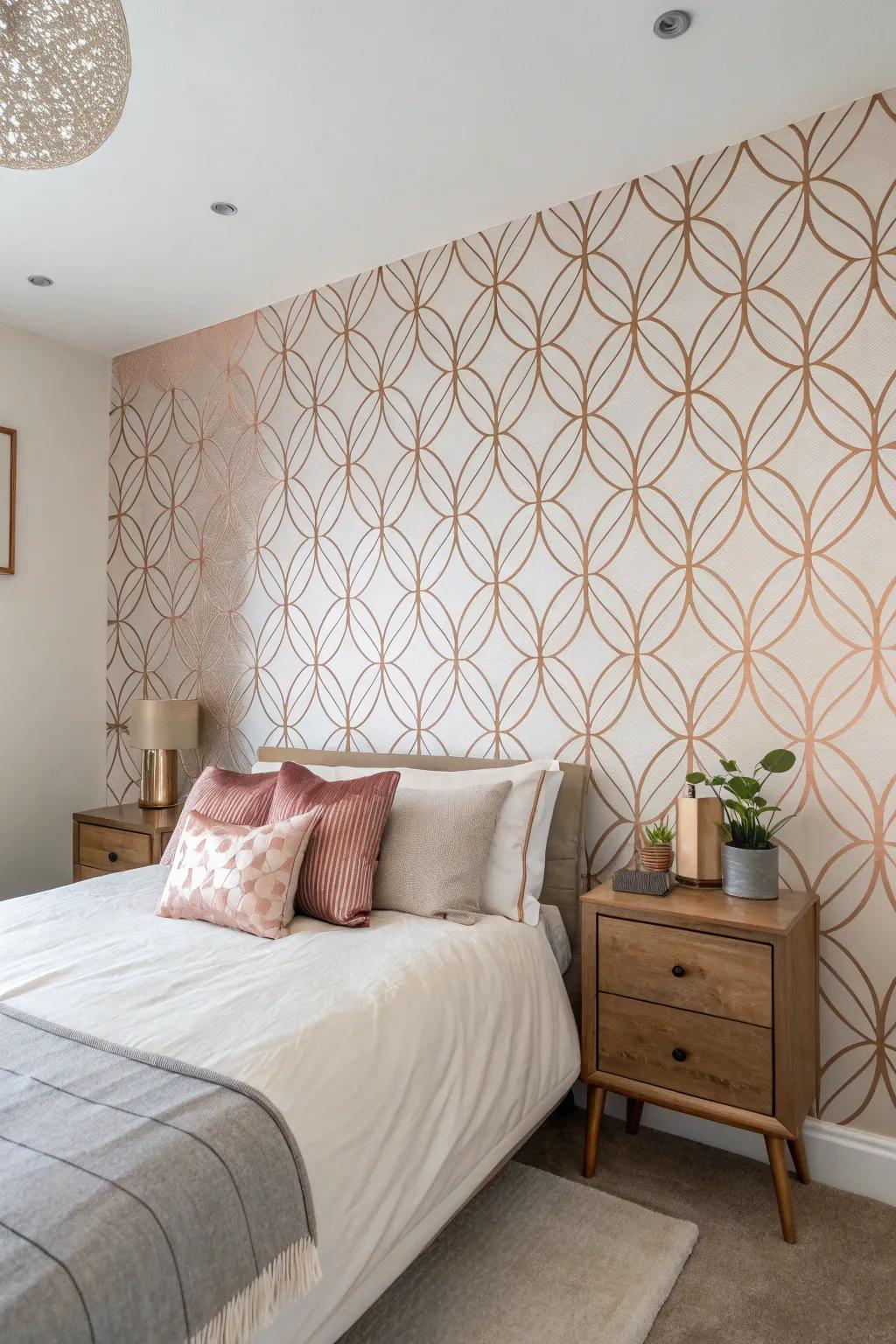 A rose gold accent wall adds a focal point of rich color.