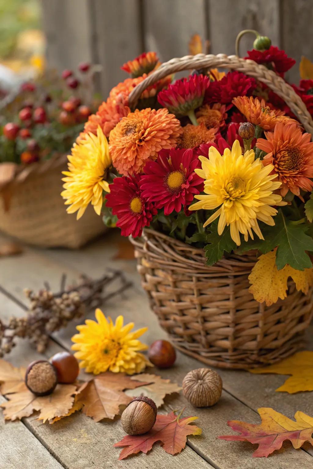 Autumnal flowers like mums bring a burst of color.