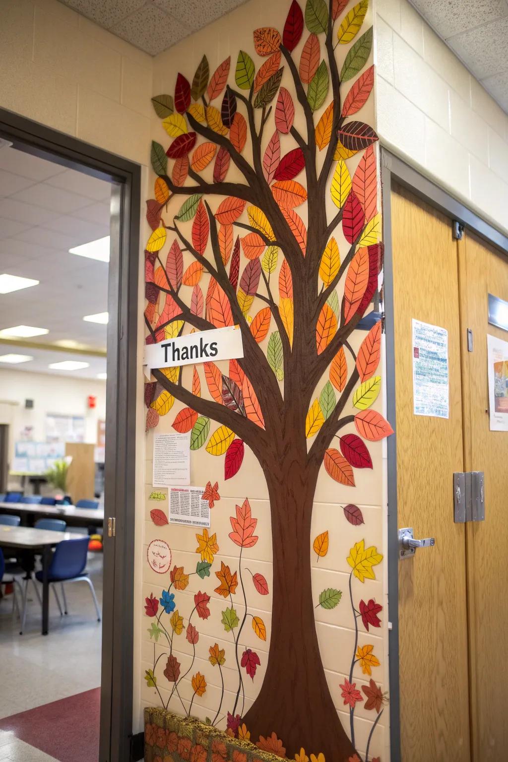 A Thankful Tree door design displaying students' appreciation.