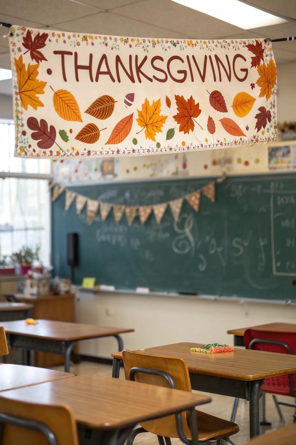 A personalized Thanksgiving streamer receives students.
