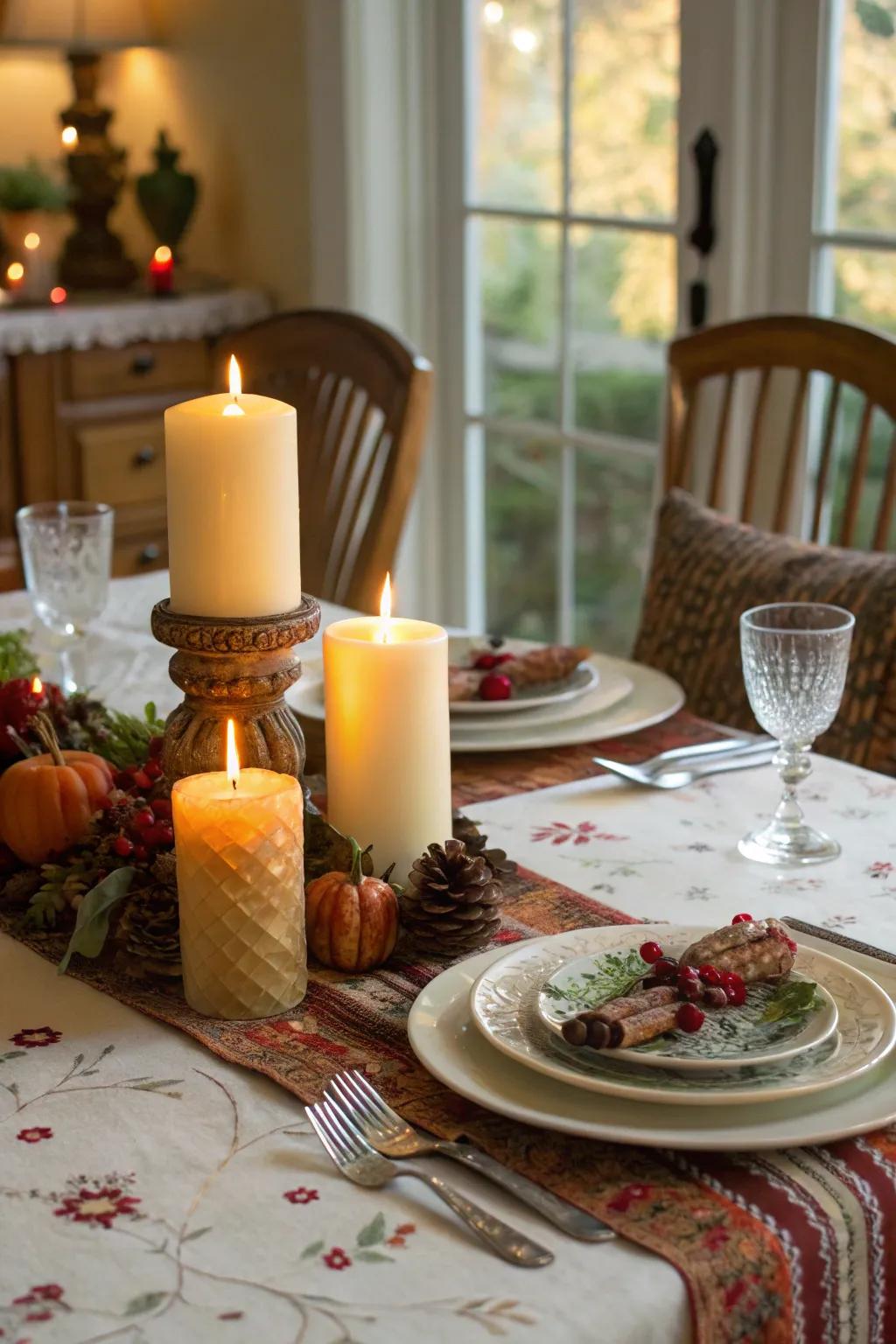 Candles of various styles add warmth and sophistication to the table.