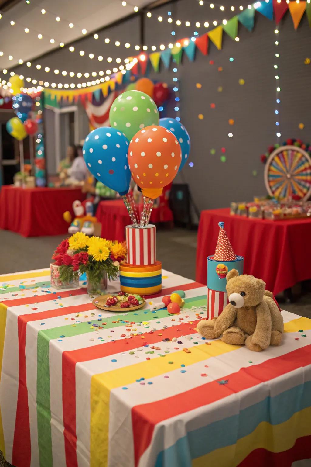 Themed tables elevate the carnival experience.