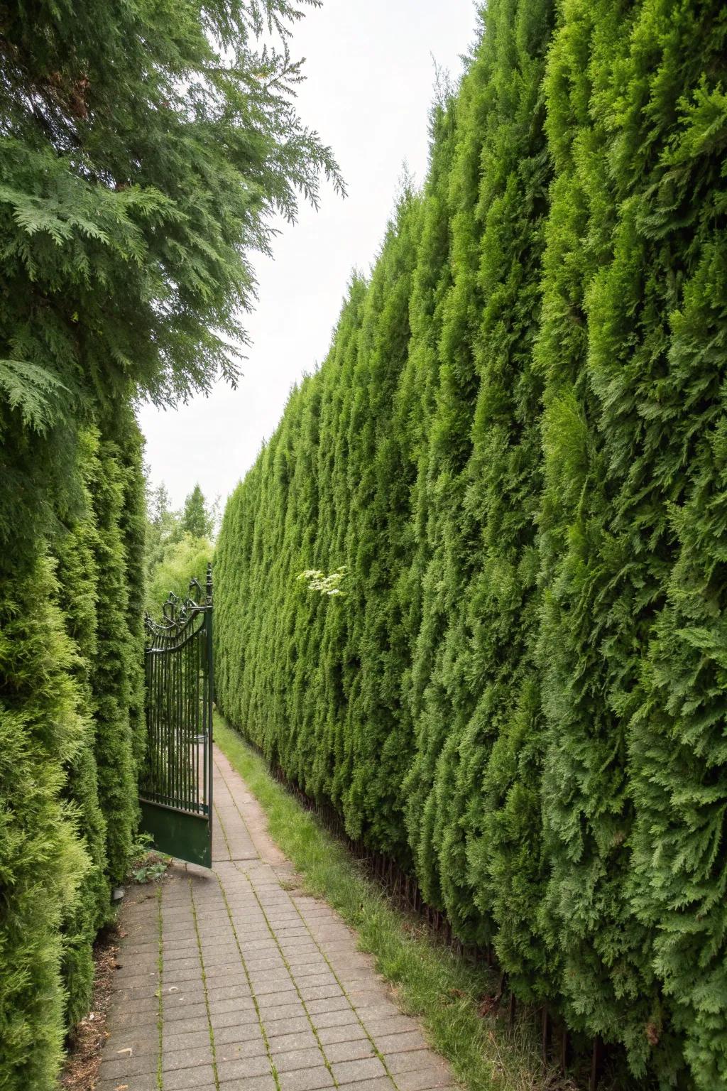 A vibrant fence of Emerald Arborvitae provides both allure and seclusion.