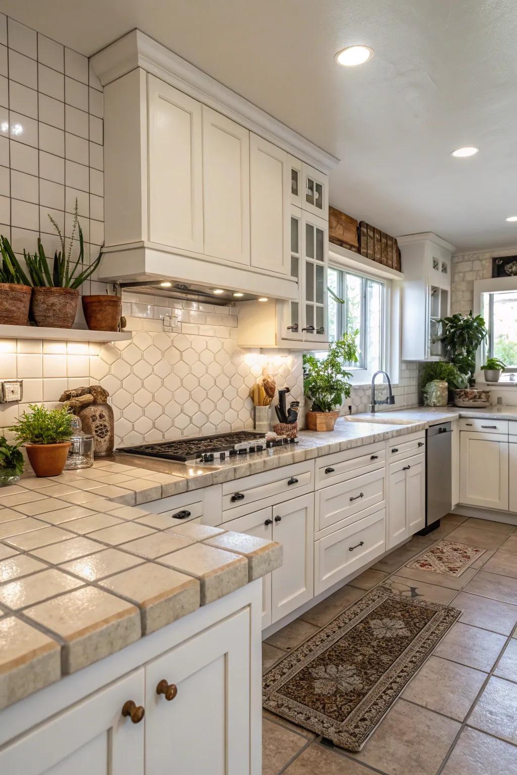 Coordinated tiles improve the harmony of this kitchen space.