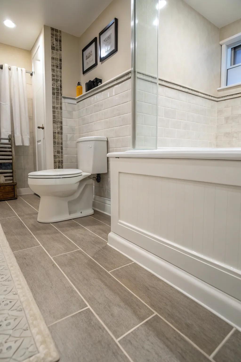 Angled base trims ensure smooth transitions and protect walls in high-traffic zones.