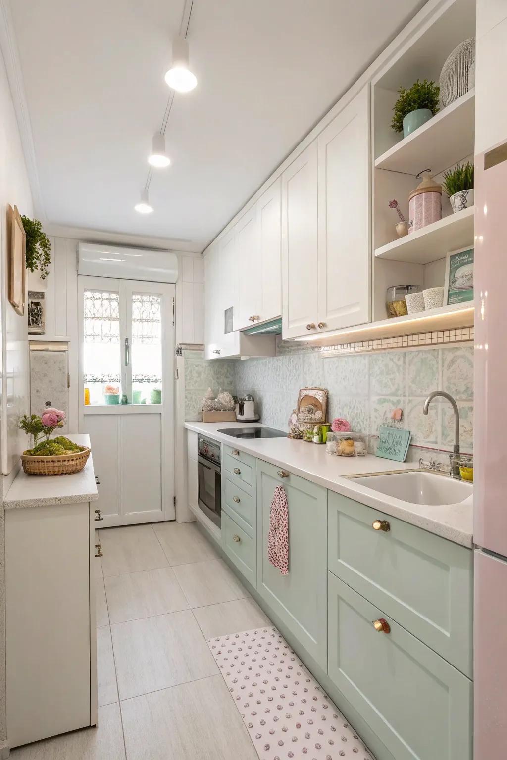 Soft colors impart an airy and vast sensation to a diminutive kitchen.