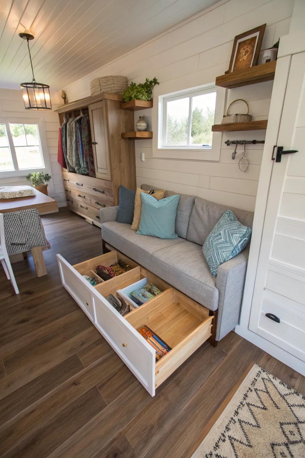 Concealed storage located under floorboards, encouraging a clutter-free environment in a compact house