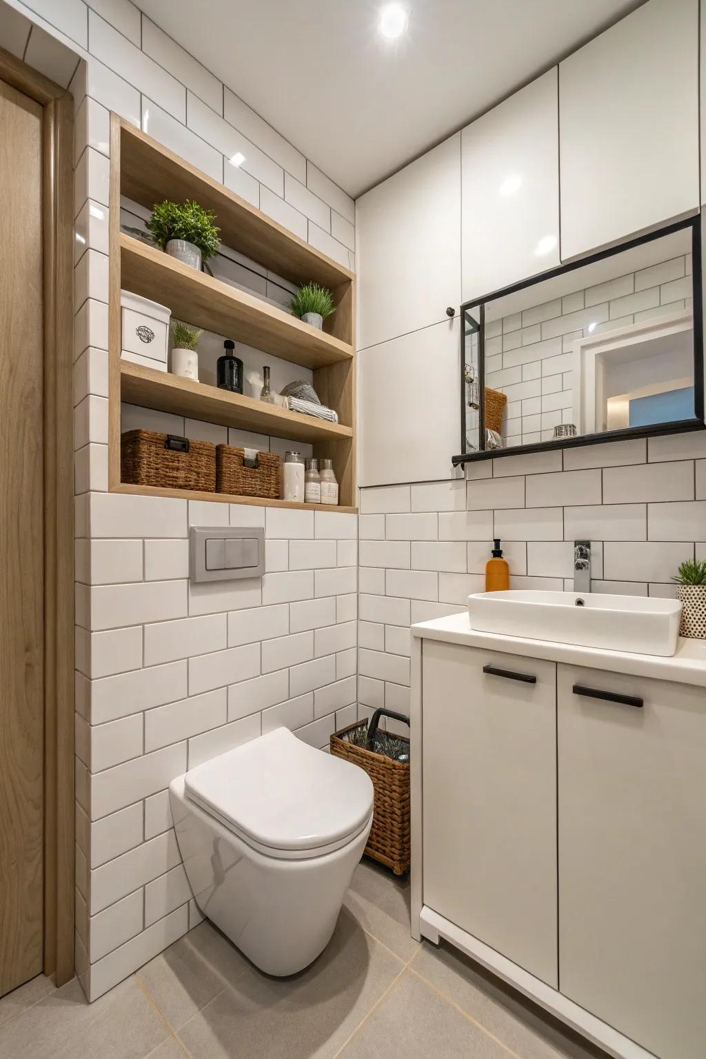 Efficient storage methods utilizing floating ledges in a washroom.