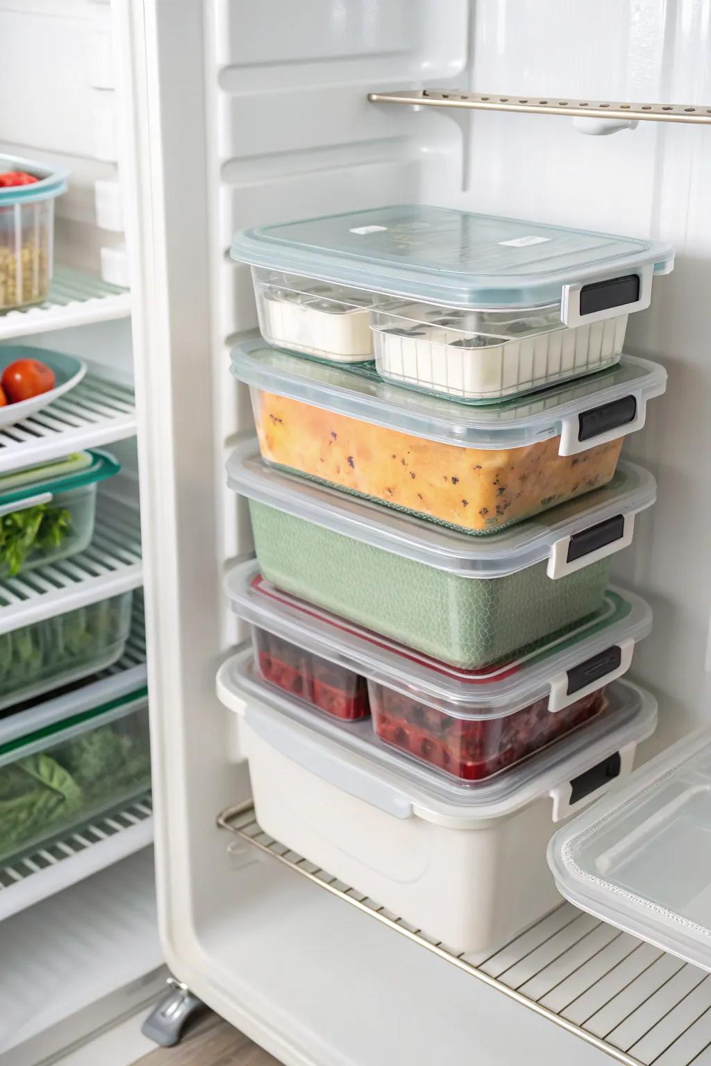 Stackable containers inside a top freezer, efficiently using vertical space.