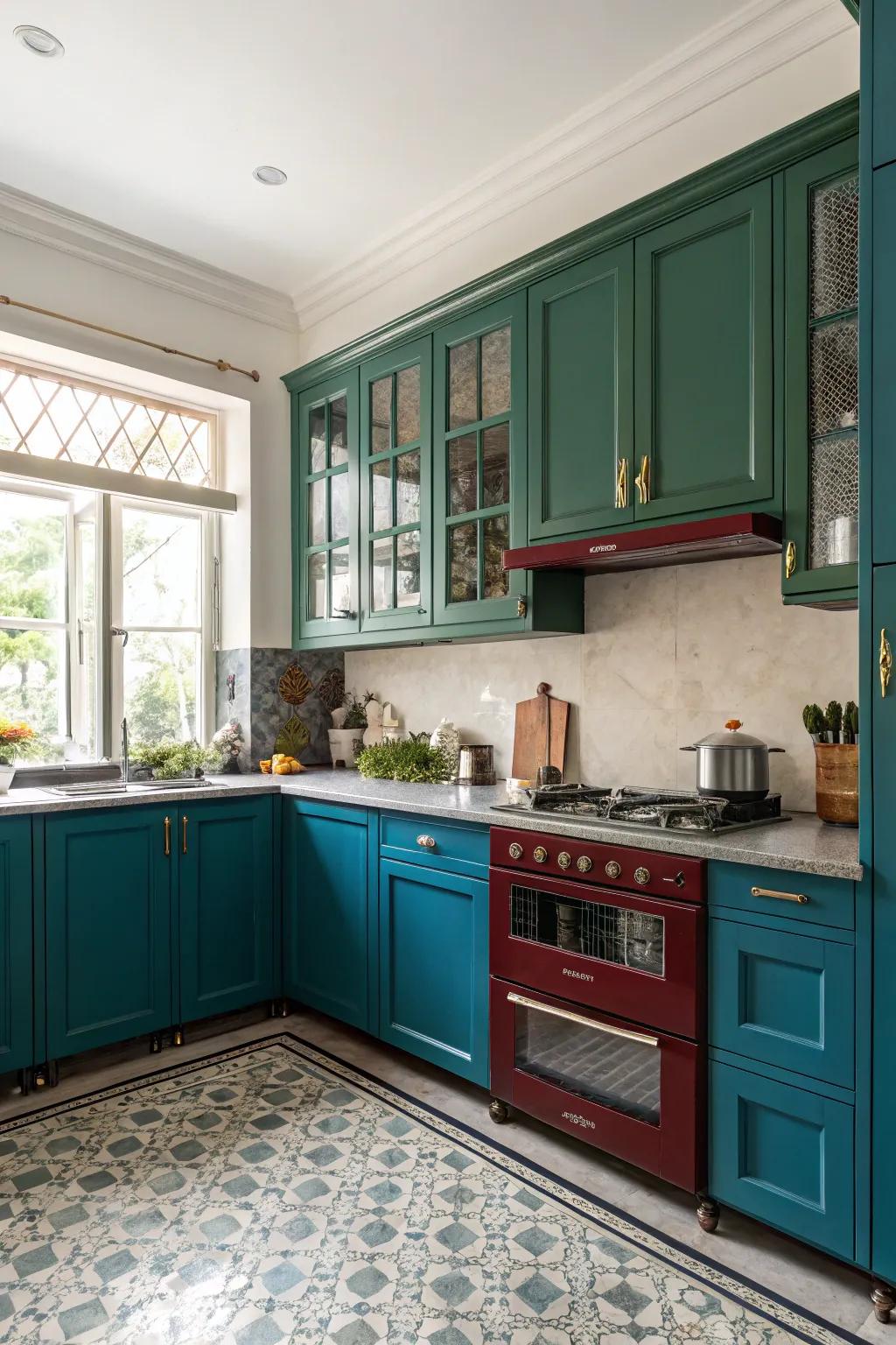 Vibrant hues like deep greens or blues can breathe life into your kitchen.
