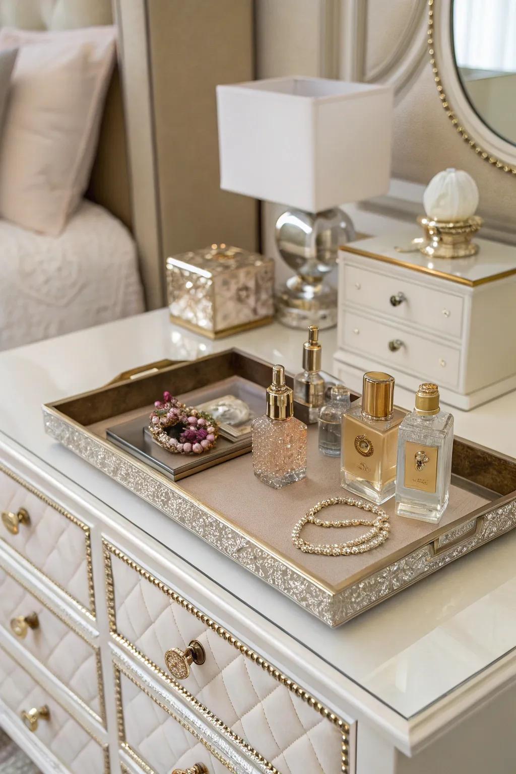 A decorative tray combines organization and style on a dresser.