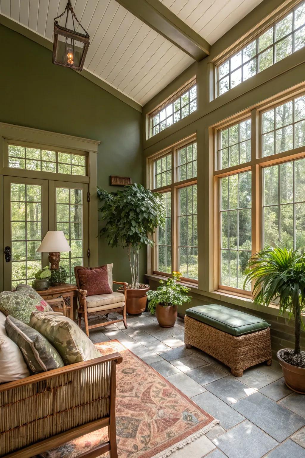 Olive green walls in a sunroom that seamlessly connect with nature.