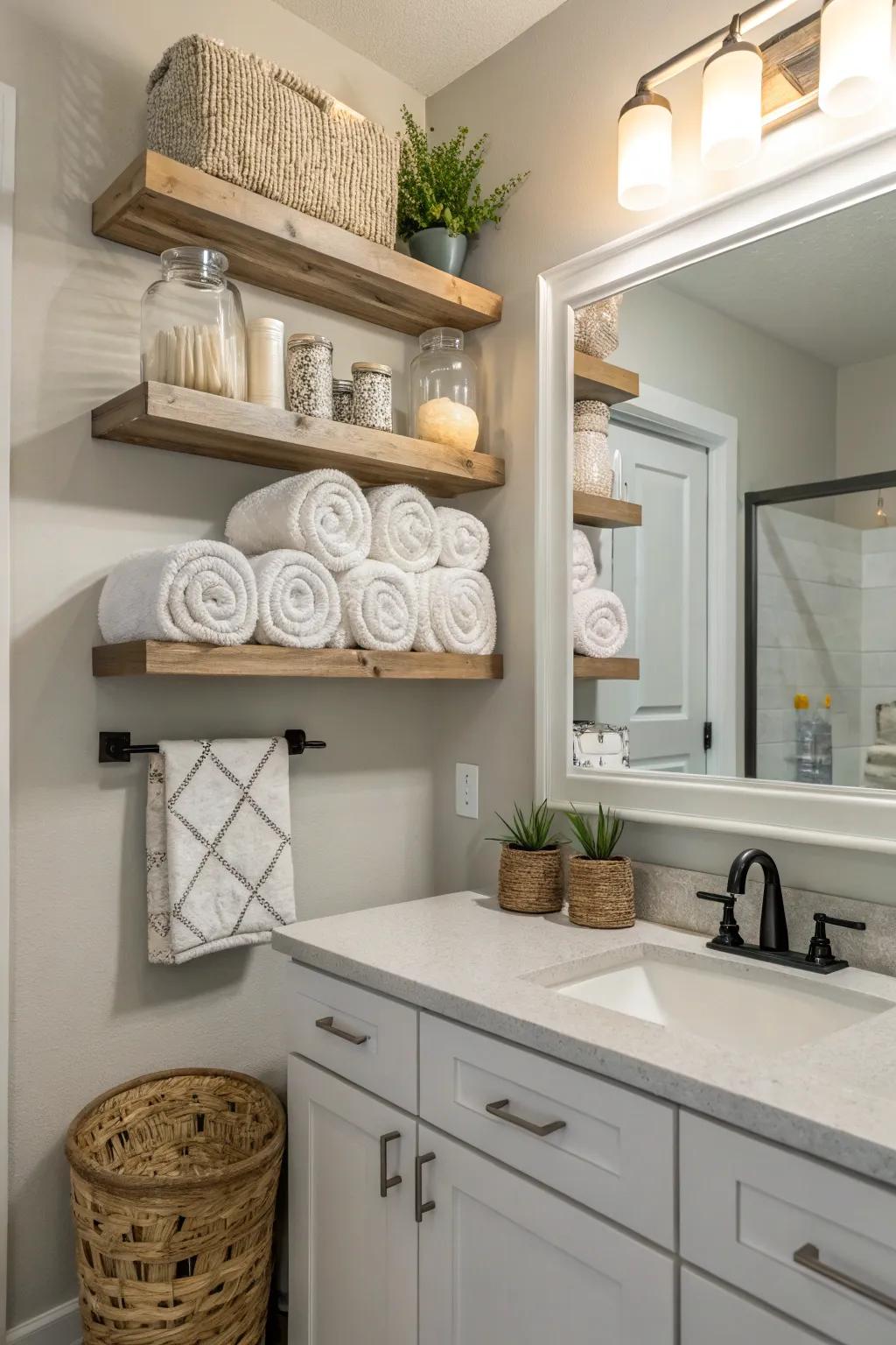 Floating shelves provide a modern way to store and show off towels.