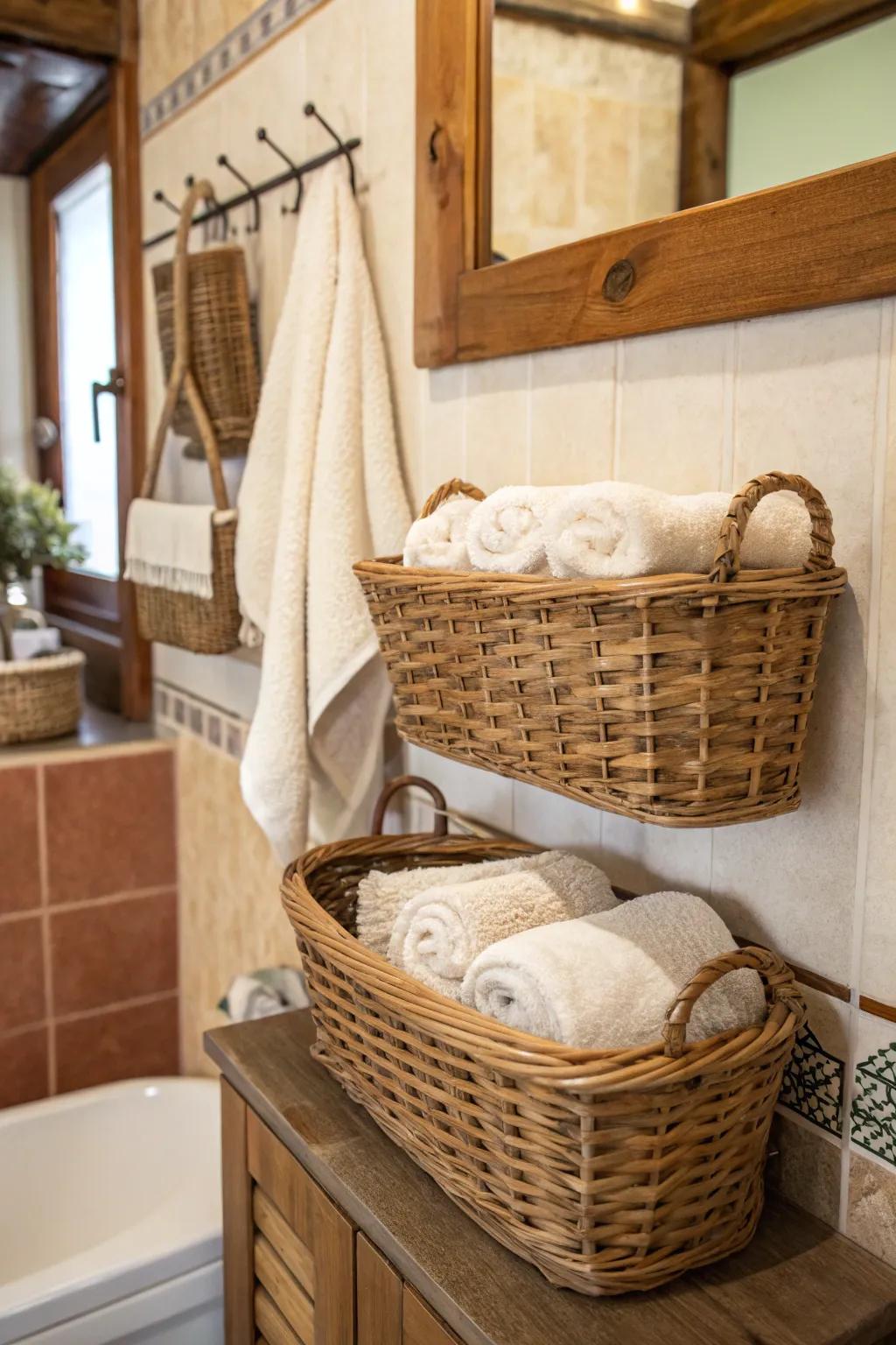 Baskets on the wall provide rustic charm and practicality.