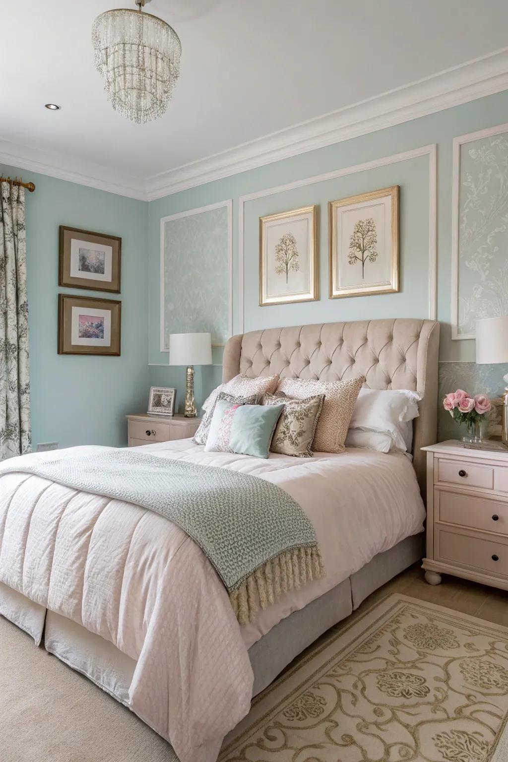 A townhouse bedroom featuring gentle pastel walls for a refined atmosphere.