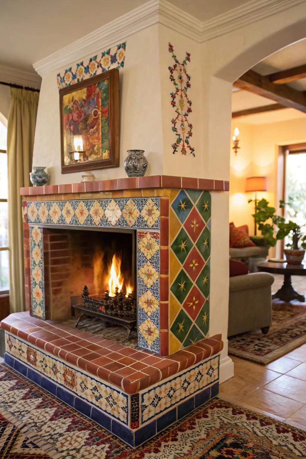 A vibrant tiled hearth adds color to the fireplace.